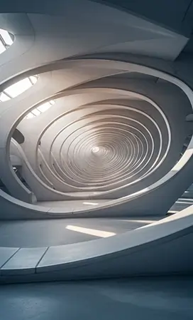 معماری مدرن مارپیچی با خطوط نرم و نور طبیعی، نماد مسیر درونی، تعمق و حرکت آگاهانه در مجله آگاهی