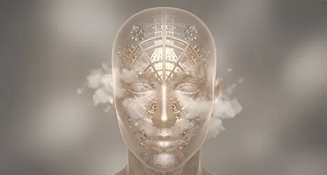 چهره انتزاعی انسان با ساختار هندسی نورانی در ذهن، نماد خودآگاهی، شناخت درونی و روان انسان در مجله آگاهی