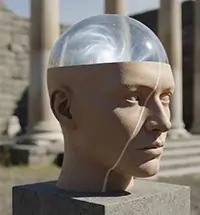 تندیس نیمه‌شفاف سر انسان با نمای درونی مغز، نماد شناخت ذهن، خودشناسی و تأمل روانی در مجله آگاهی