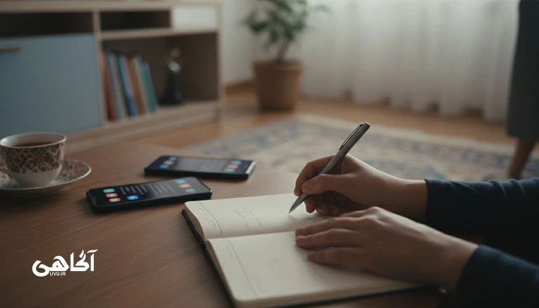 تصویر مفهومی از نقش دلبستگی در ابهام تصمیم‌های رابطه‌ای؛ دست‌ها کنار دفتر یادداشت و گوشی‌ها در لحظه درنگ، مجله آگاهی