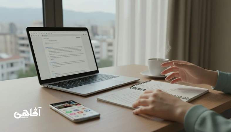 تصویر مفهومی از تردید مزمن و فرسودگی انرژی روانی در تصمیم گیری روی میز کار؛ مناسب مقاله مجله آگاهی