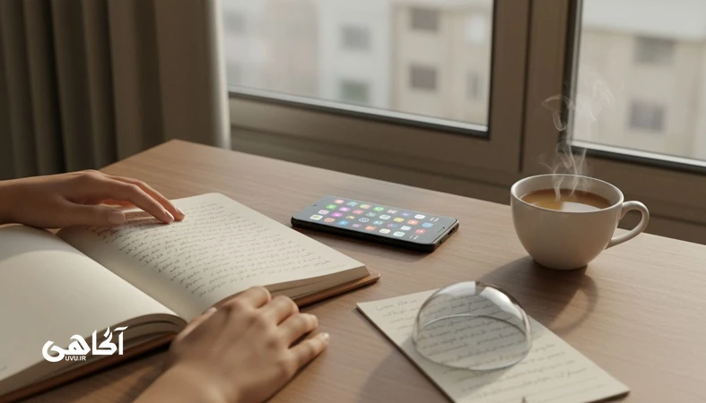 تصویر مفهومی از فشار «باید»های نادیده‌گرفته‌شده در زندگی روزمره برای مجله آگاهی؛ دفترچه و فهرست کارها زیر سایه عذاب‌وجدان و تعلل