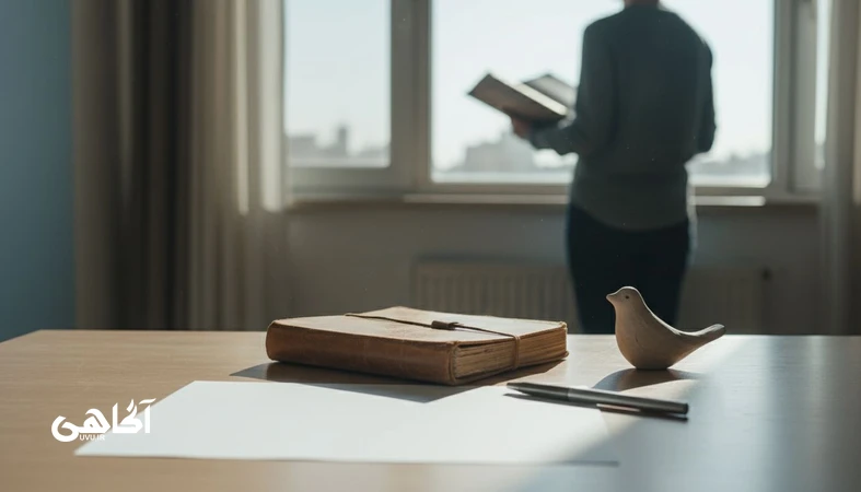 تصویر مفهومی از نشانه‌های عبور از مرحله‌ی قدیمی خود؛ فردی کنار پنجره و دفترچه‌ای در فضای آرام، مناسب مجله آگاهی