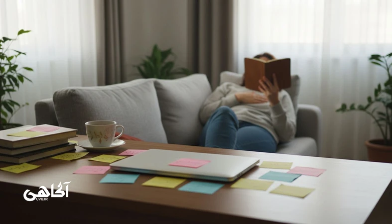تصویر مفهومی از خستگی ذهنی با وجود استراحت: فضای خانه ایرانی، لپ تاپ بسته و یادداشت ها؛ مناسب مقاله خستگی در مجله آگاهی