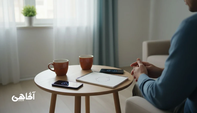 صحنه ای آرام از تکرار الگوهای رابطه ای و جذب آدم های مشابه؛ دفترچه با نمودار چرخه و دو گوشی روی میز در خانه ای ایرانی