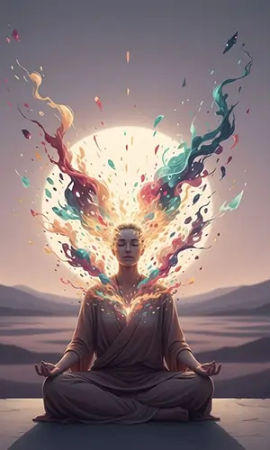 فردی در حالت مراقبه با انفجار رنگ و انرژی از درون، نماد بیداری ذهن، تنظیم هیجان و رشد آگاهی در مجله آگاهی
