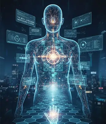 تصویر انتزاعی بدن انسان با شبکه‌های نورانی و داده‌های دیجیتال، نماد ارتباط ذهن و بدن و آگاهی یکپارچه در مجله آگاهی