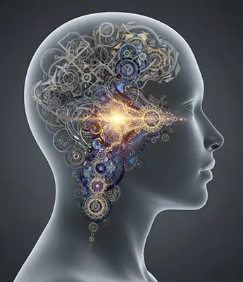 نمای نیم‌رخ سر انسان با چرخ‌دنده‌های درهم‌تنیده در مغز، نماد فرایندهای شناختی، تصمیم‌گیری و ذهن تحلیلی در مجله آگاهی