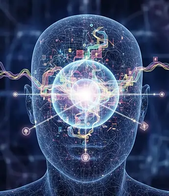 چهره دیجیتال انسان با مرکز نورانی در مغز و خطوط انرژی، نماد تمرکز ذهن، پردازش آگاهانه و وضوح فکری در مجله آگاهی