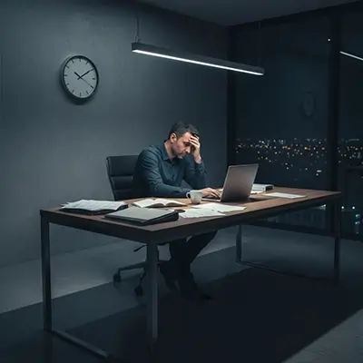 تصویری از یک مرد مشغول فکر کردن پشت میز کار در مورد الگوهای تکرار شونده ناخودآگاه_ مجله آگاهی