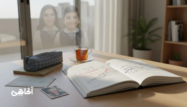 تصویر مفهومی از نقش تجربه های اولیه در شکل گیری روایت شخصی در مجله آگاهی؛ دفترچه یادداشت و نشانه های کودکی روی میز کنار پنجره