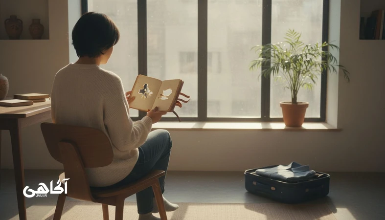 تصویر مفهومی از وقتی رشد احساس ازدست دادن می آورد؛ دفترچه قدیمی و دفتر تازه کنار پنجره در فضای خانه ایرانی، مناسب مقاله مجله آگاهی