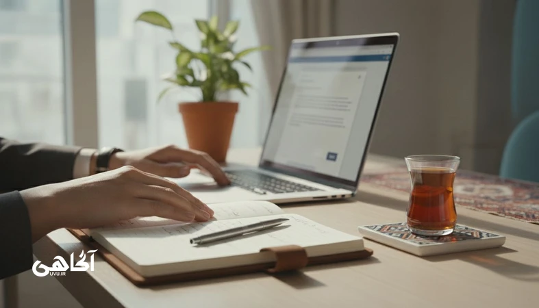 لحظه مکث قبل از ارسال ایمیل در محیط کار؛ تصویر مفهومی درباره شروع اخلاق در تصمیم‌گیری، تنظیم هیجان و انتخاب ارزش‌محور زیر فشار