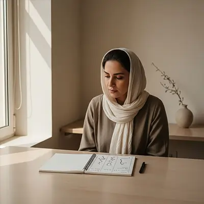 خانم پشت میز در حال تفکر و ترس از انتخاب و تصمیم. مجله آگاهی